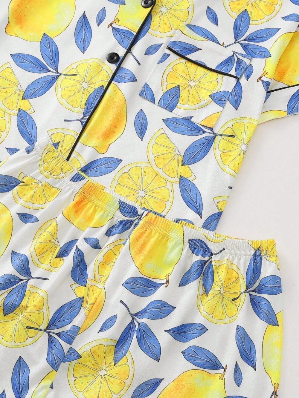 White Women's Lemon Print Pajama Sleeve Lapel Top and Shorts set - Picture 6 of 8